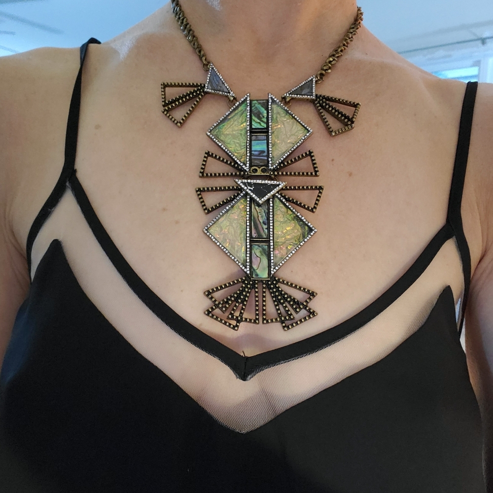 Baublebar art deco statement necklace, gold, green, black, cream, copper, stone - Picture 2 of 15